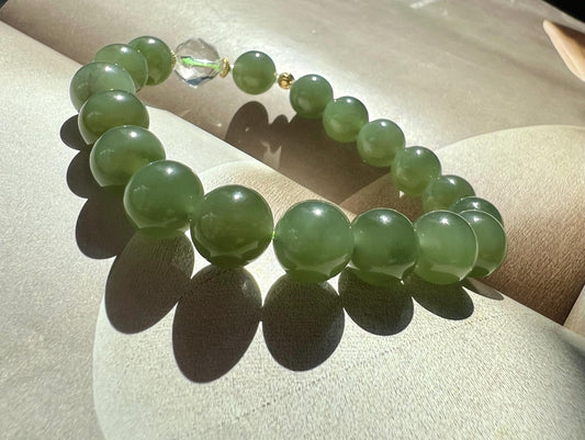 9.8mm Certified natural nephrite Bracelet/lake green nephrite/ 天然软玉 青海 老矿晴水料 湖水绿手串#3729 深湖绿