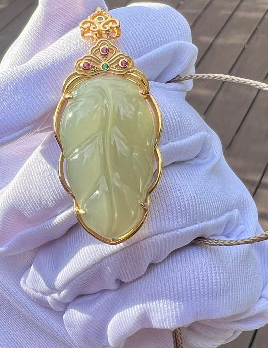 Qinghai Nephrite Jade Leaf Pendant: Sterling Silver, Qingshui Jade Necklace #0689