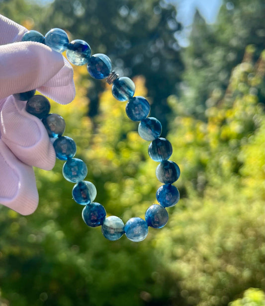 9mm+ Natural Kyanite bracelet/ chatoyant green blue Kyanite/天然精品绿蓝晶石手串 蓝绿双色#0044