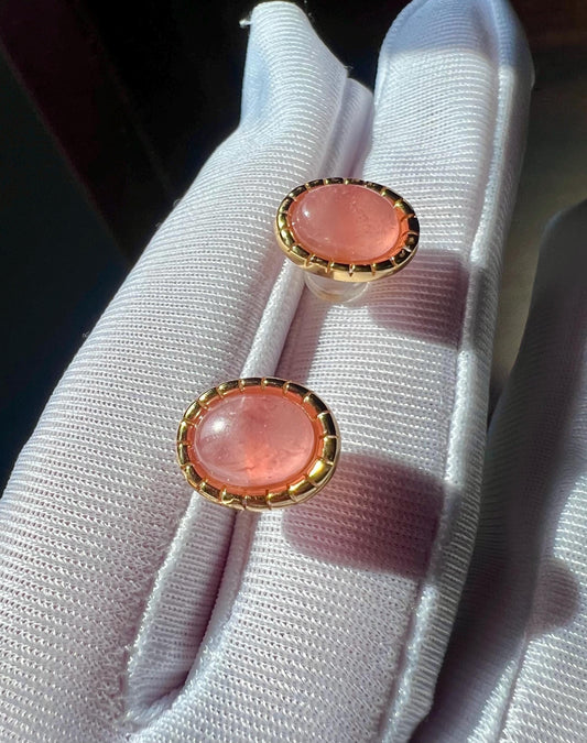 Certified natural Rhodochrosite earrings/icy oval shaped Rhodochrosite/ sterling silver stud earrings/ 天然 冰种红纹石蛋面 耳环/耳钉  纯银#1039 冰透嫩粉红