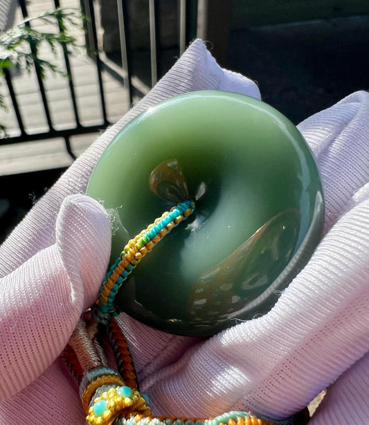 Natural Green Nephrite Jade Donut Pendant: Handmade Lanyard#1449