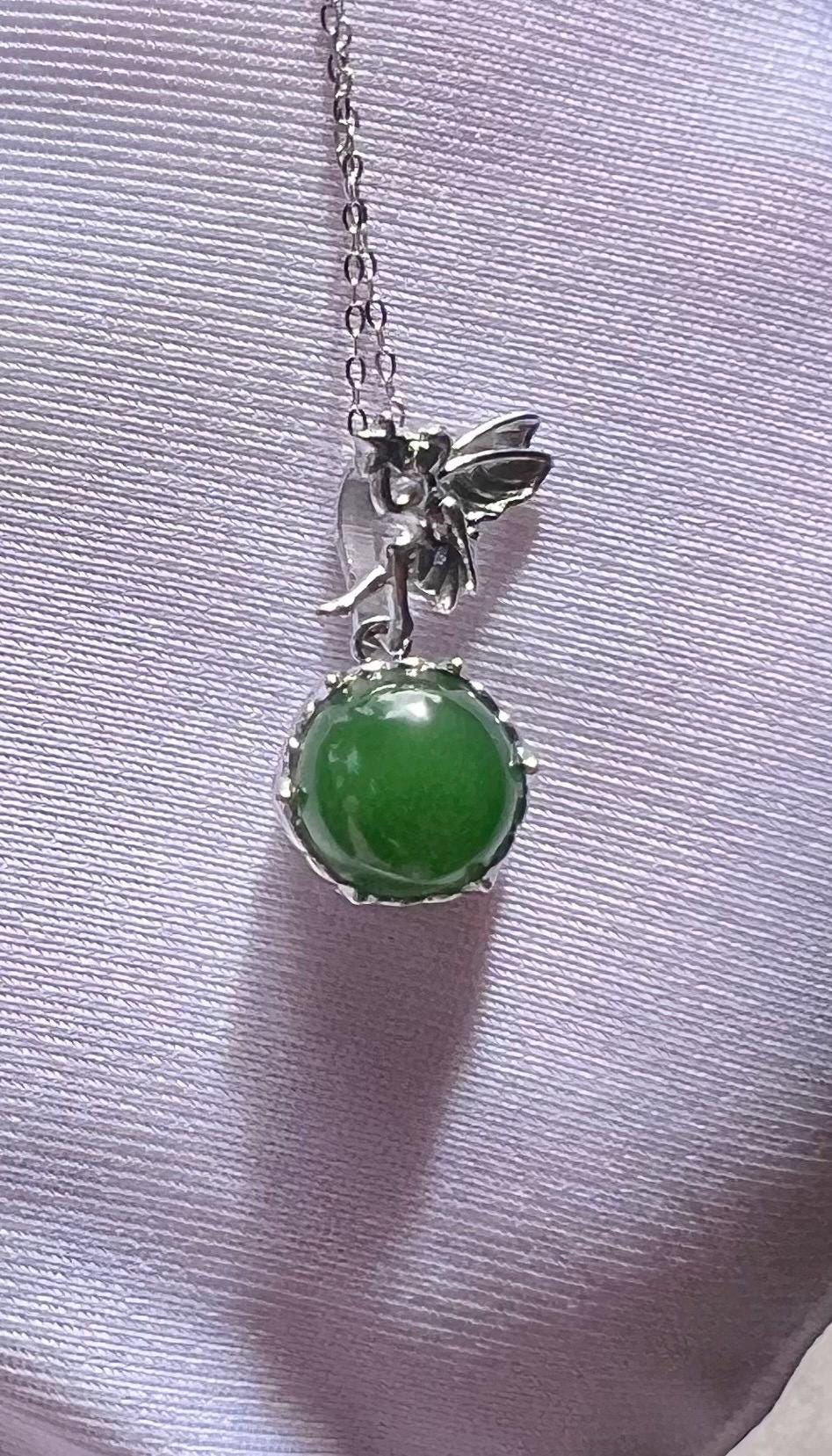 Green Nephrite Jade Pendant Necklace: Sterling Silver Angel Charm #0990