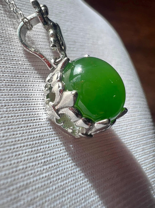 Green Nephrite Jade Pendant Necklace: Sterling Silver Angel Charm #0990