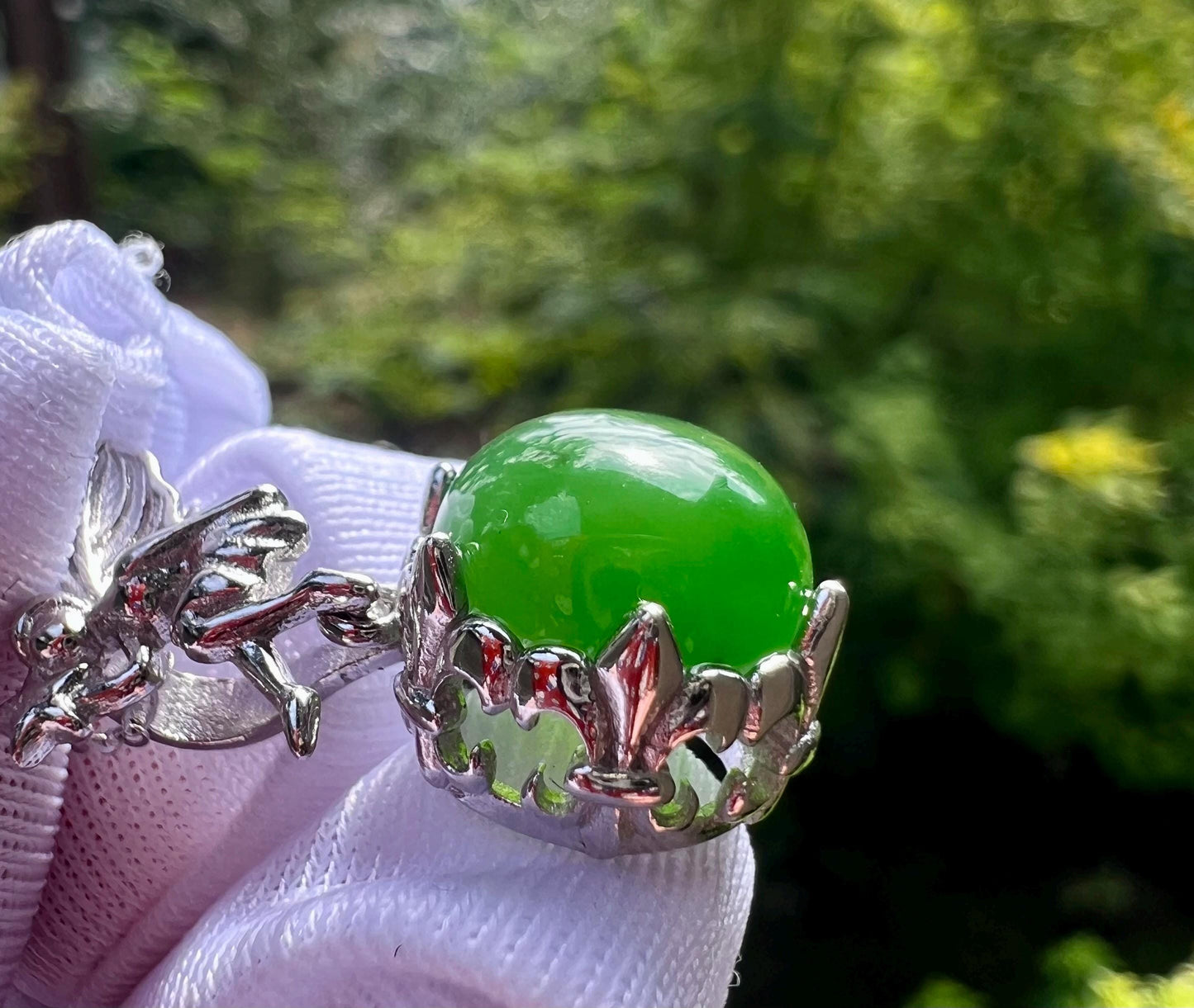 Green Nephrite Jade Pendant Necklace: Sterling Silver Angel Charm #0990