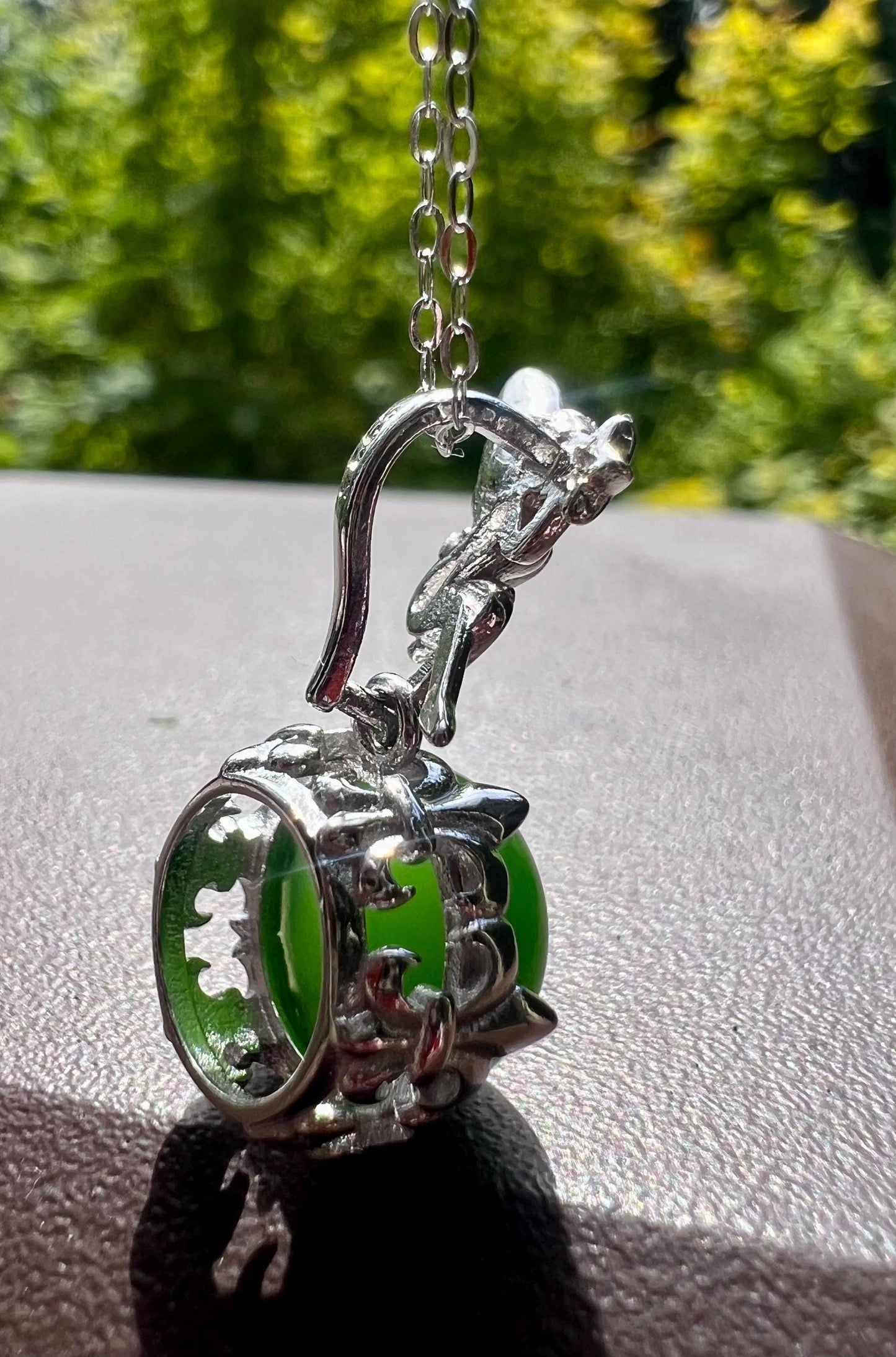 Green Nephrite Jade Pendant Necklace: Sterling Silver Angel Charm #0990