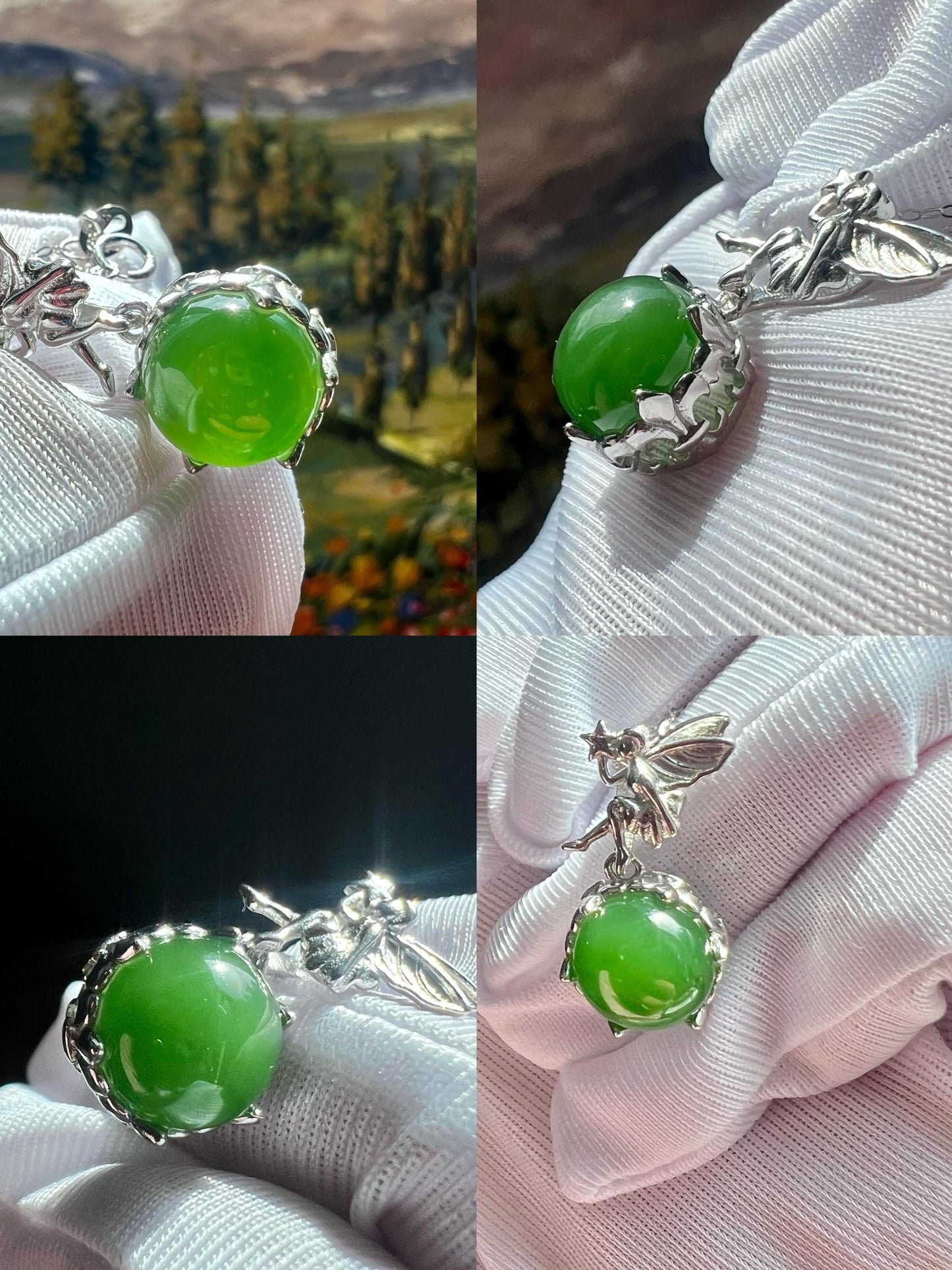 Green Nephrite Jade Pendant Necklace: Sterling Silver Angel Charm #0990