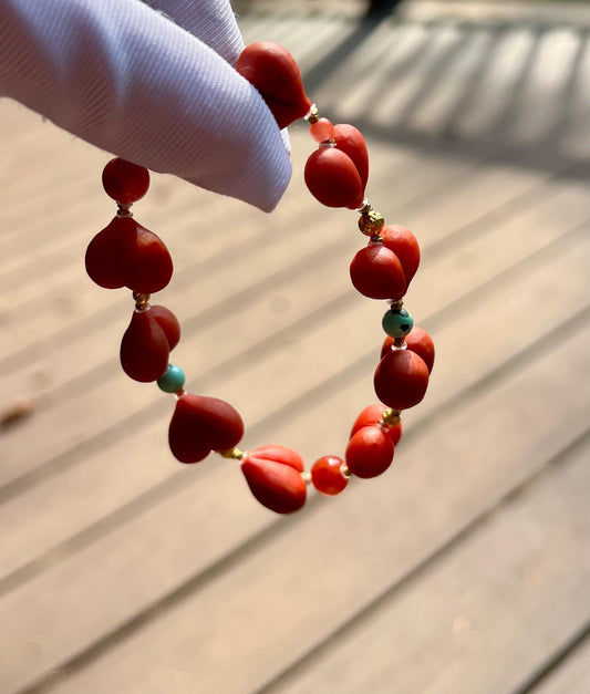 Nanhong Agate Heart Peach Bracelet: Southern Red Gemstone, Sterling Silver #1805