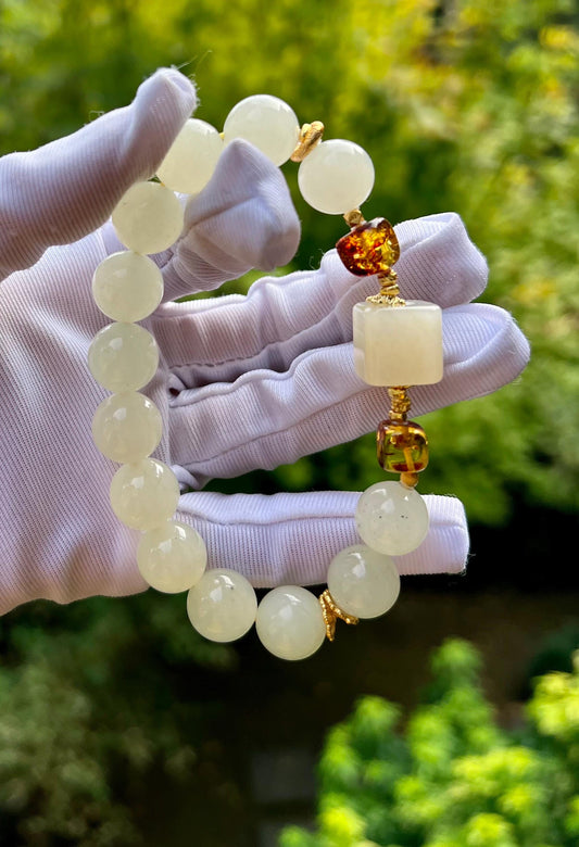 Certified natural jade/Light honey color nephrite Bracelet/天然软玉手串 浅蜜色/搭配肉粉色软玉方珠  #6339