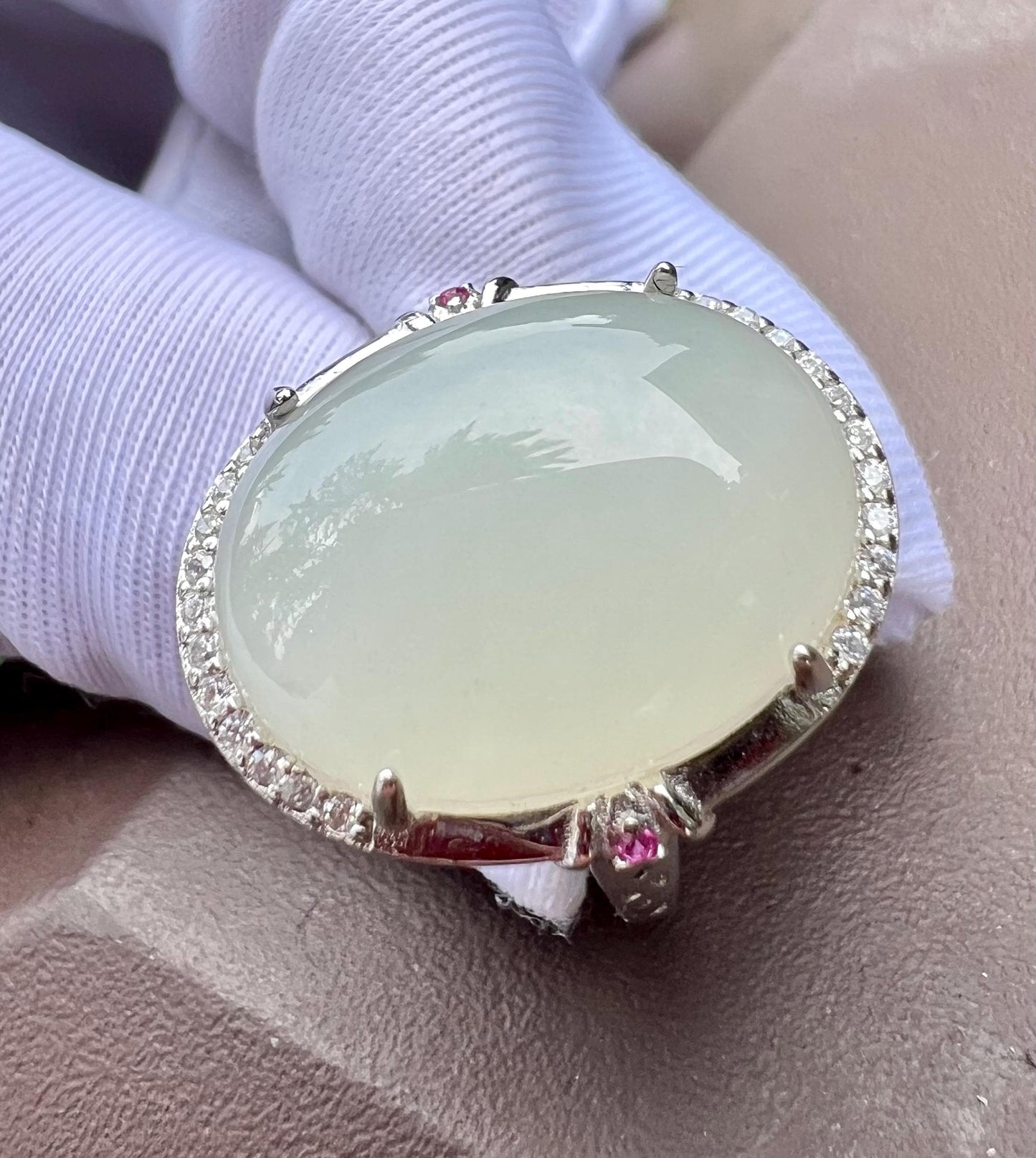 Certified natural jade/white nephrite ring Sterling Silver ring/oval shaped icy white nephrite/ 天然精品软玉 白玉蛋面纯银镶戒指/指环#0379 冰润糯白