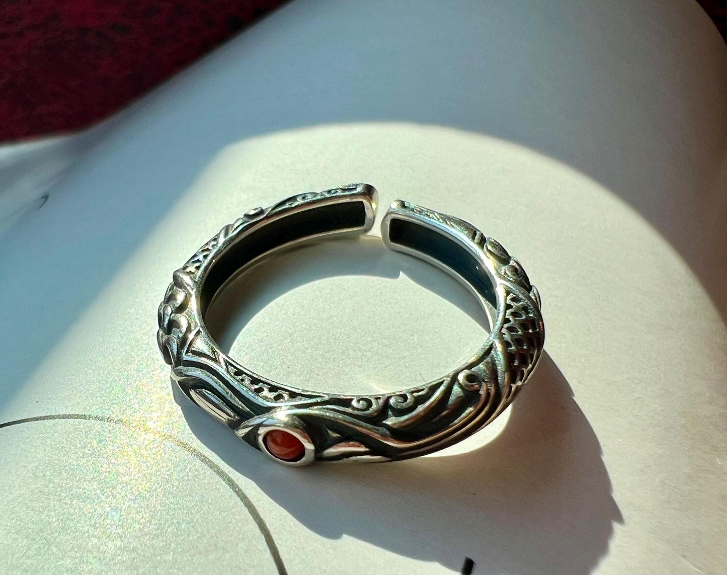 Nanhong Agate Sterling Silver Ring: Arabesque Open Ring, US Size 6.5+  #3593