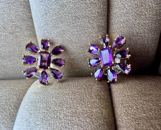 Natural Amethyst flower shape earrings/Untreated Purple amethyst sterling silver stud earrings /天然精品 玻璃体巴西紫水晶 花朵耳环 纯银耳钉#0862
