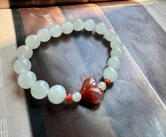 9.7mm Certified natural jade /icy white nephrite bracelet 天然软玉 老矿白玉手串 白月光 冰润细糯 #4378 搭配川料南红桃子爱心