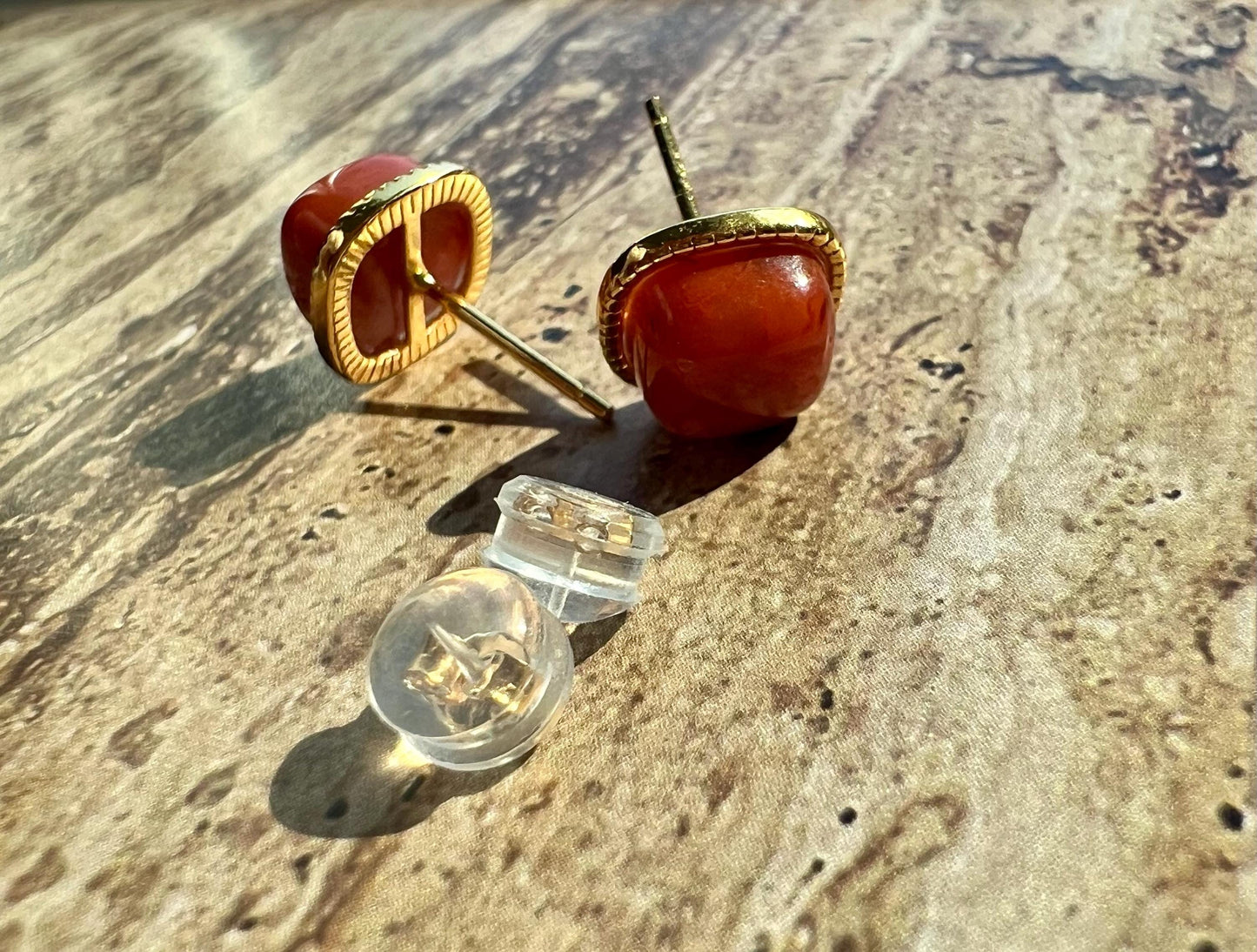 Certified natural Sichuan Nanhong agate earrings/Southern Red Agate square stud earrings/sterling silver天然精品川料南红耳钉/纯银镶嵌#0308 方块耳钉
