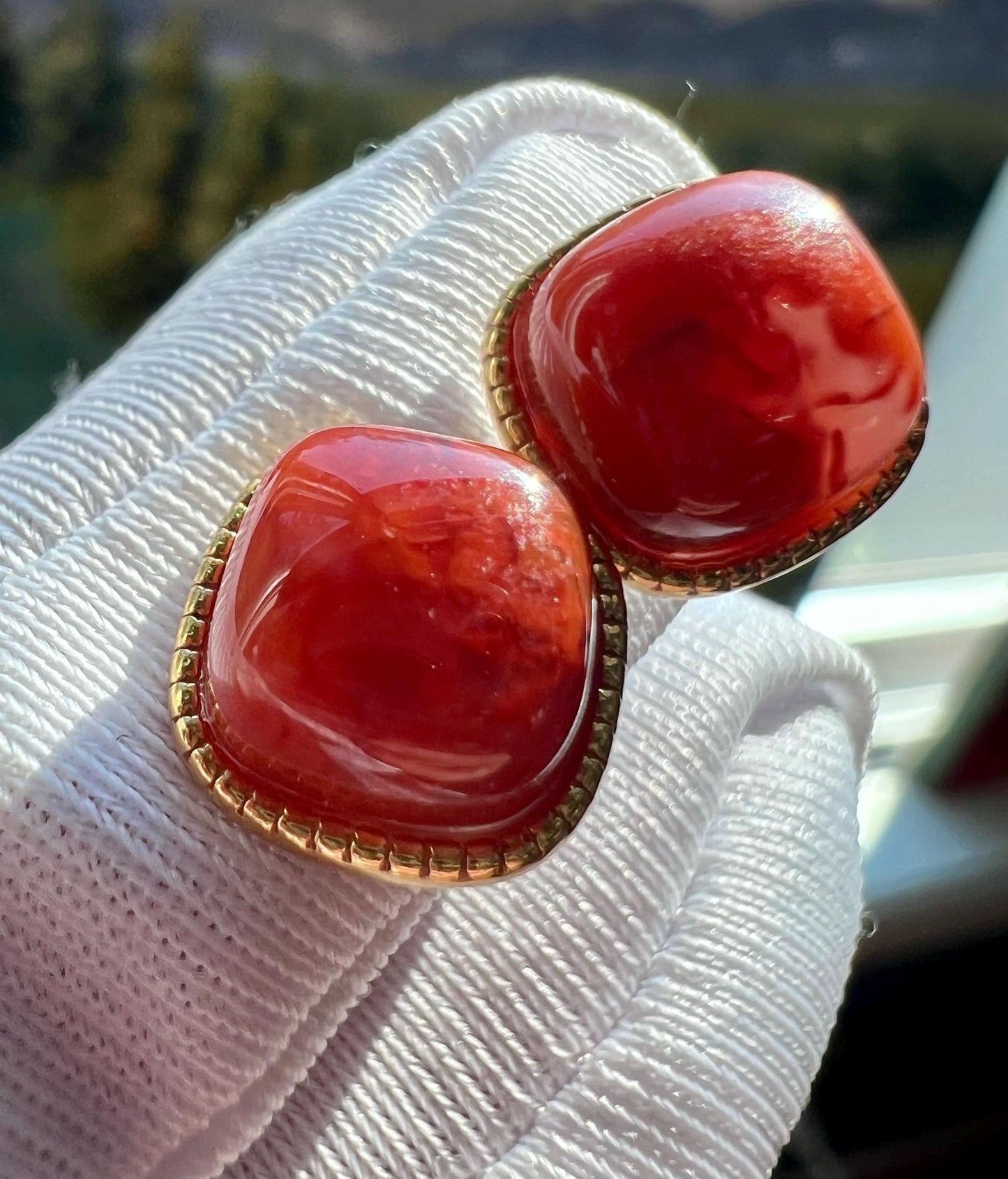 Certified natural Sichuan Nanhong agate earrings/Southern Red Agate square stud earrings/sterling silver天然精品川料南红耳钉/纯银镶嵌#0308 方块耳钉