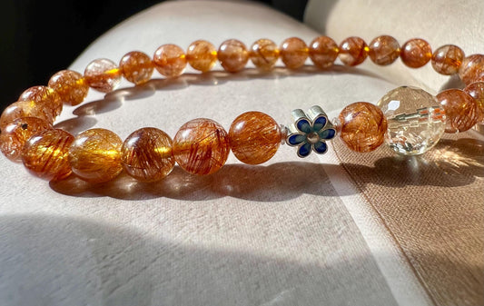 6.5mm+ Certified natural copper rutilated quartz Bracelet/red copper hair bracelet 天然 铜发晶手串 红铜发 #9594 搭配刻面黄水晶