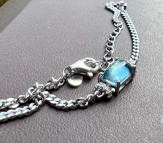 Certified natural aquamarine/oval shaped aquamarine inlaid S925 bracelet //icy blue 天然 海蓝宝蛋面镶嵌纯银手链 #1948 净体冰川蓝
