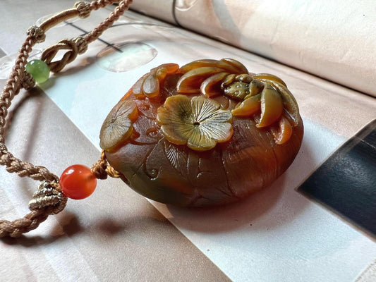 Certified natural Nanhong agate Carved lotus dragonfly  Pendant necklace, Patina Southern Red Agate Pendant天然精品 川料包浆南红 手工雕刻 蜻蜓戏莲花吊坠 项链 #7339