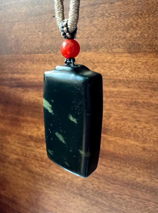 Certified natural jade/ dark nephrite pendant/ safety rectangle pendant  necklace天然 黑青玉 无事牌 #5263 黑青玉 无敌黑 绿矿斑 意境美