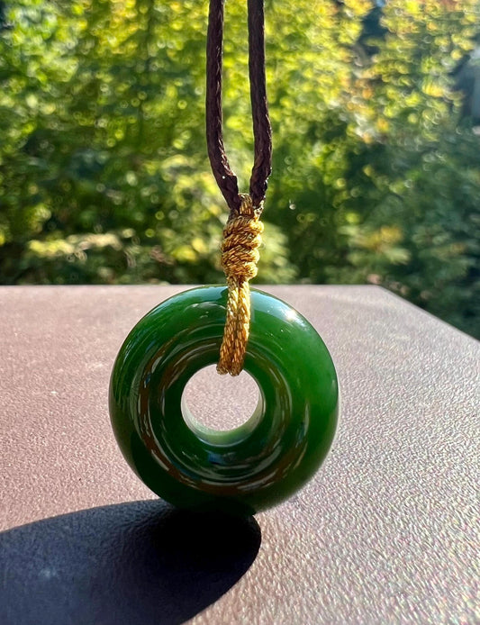 Green Nephrite Jade Donut Pendant Necklace: Natural Stone Safety Charm #3513