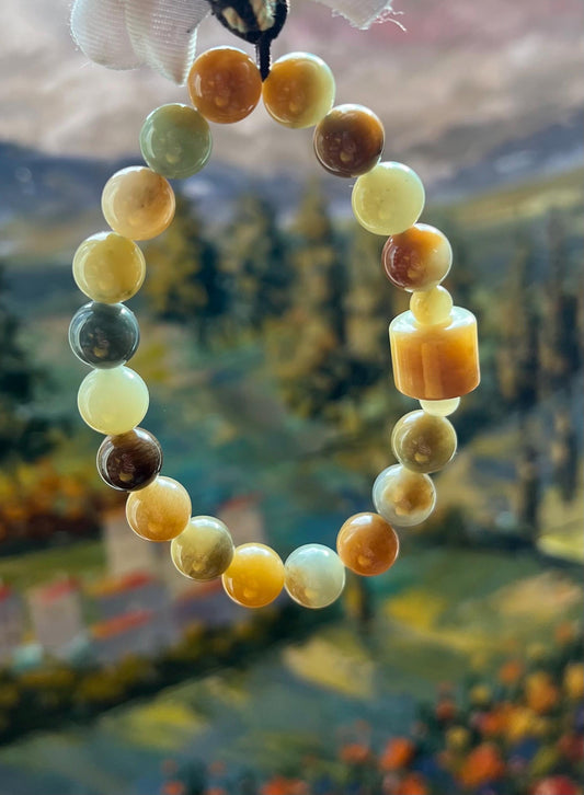9.8mm Certified natural jade /Brown Qinghua blue multi color nephrite bracelet天然软玉 三色手串 糖玉青花蓝青玉 油熟细糯#7166 搭配糖白桶珠